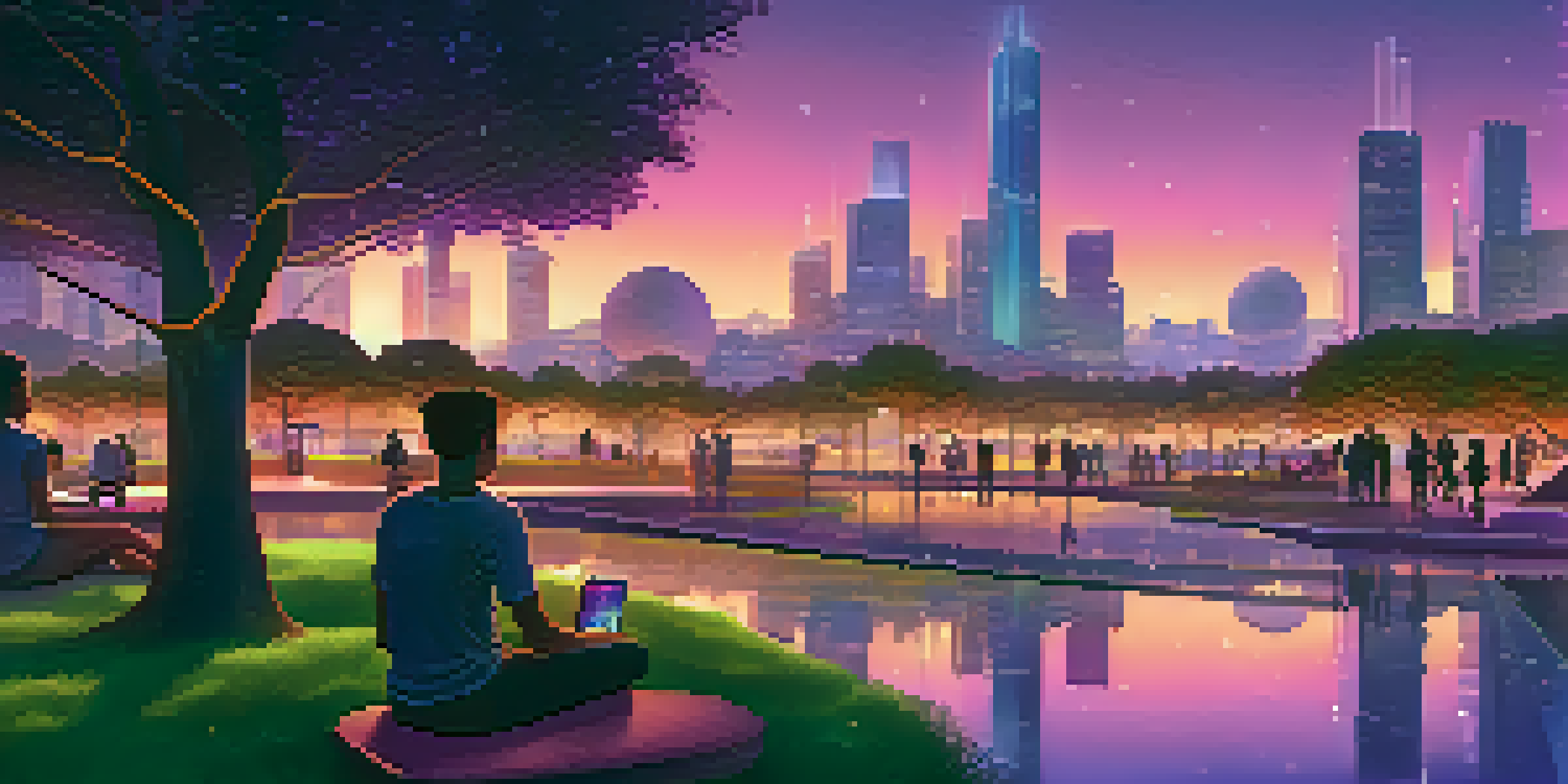 A vibrant city skyline with glowing geometric shapes symbolizing blockchain nodes, set against a colorful dusk sky. People are seen using digital devices in a park.
