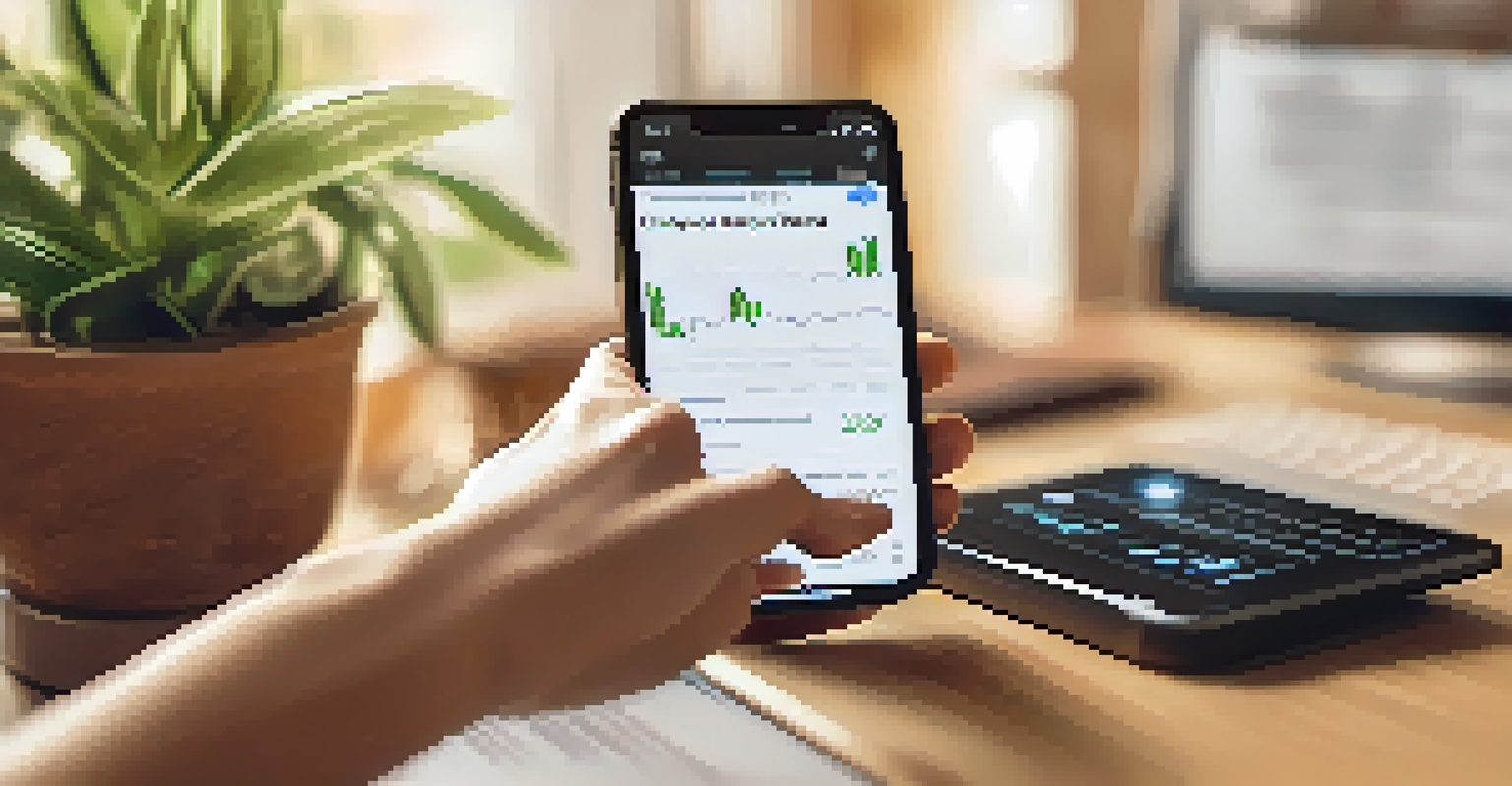 A close-up of a woman using a cryptocurrency trading app on her smartphone in a cozy home office.