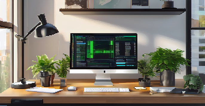 A bright and modern workspace with a desktop computer showing a cryptocurrency wallet and digital currency symbols on the desk.