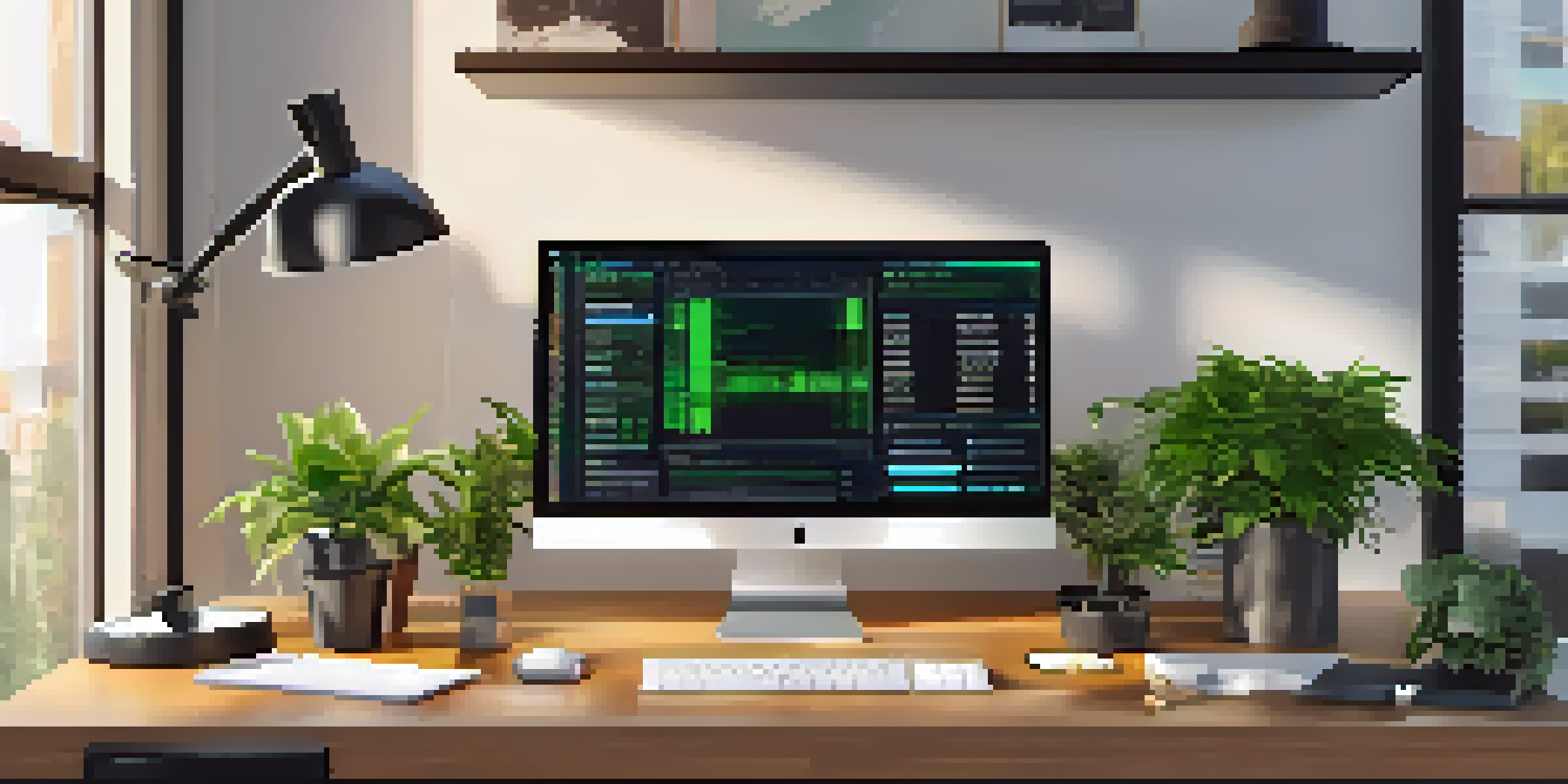 A bright and modern workspace with a desktop computer showing a cryptocurrency wallet and digital currency symbols on the desk.