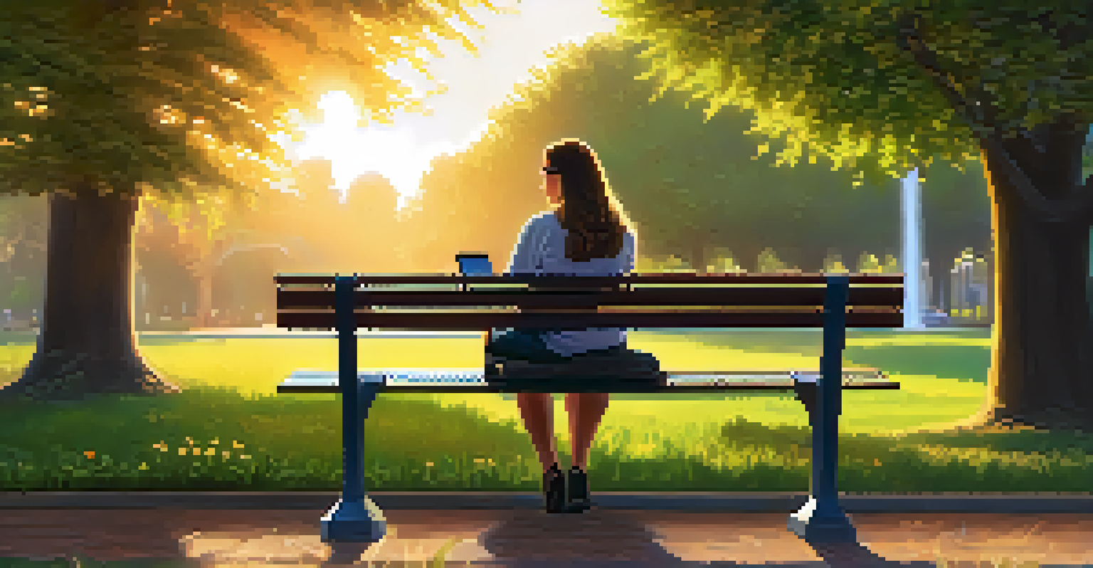 A woman sitting in a park using her laptop to research cryptocurrencies during sunset.
