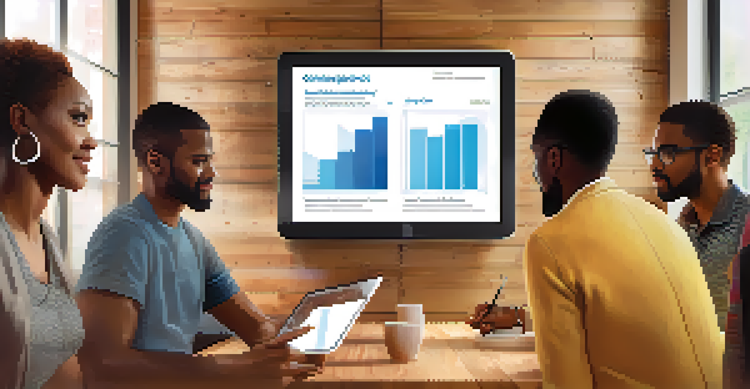 A diverse group of individuals engaged in a discussion about insurance options with a digital tablet showing graphs in a community center.
