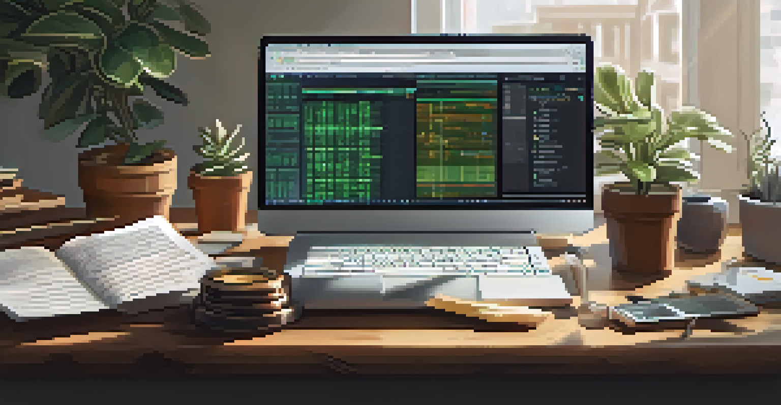 A workspace with a laptop showing cryptocurrency trading, notes on security, a potted plant, and a coffee cup.