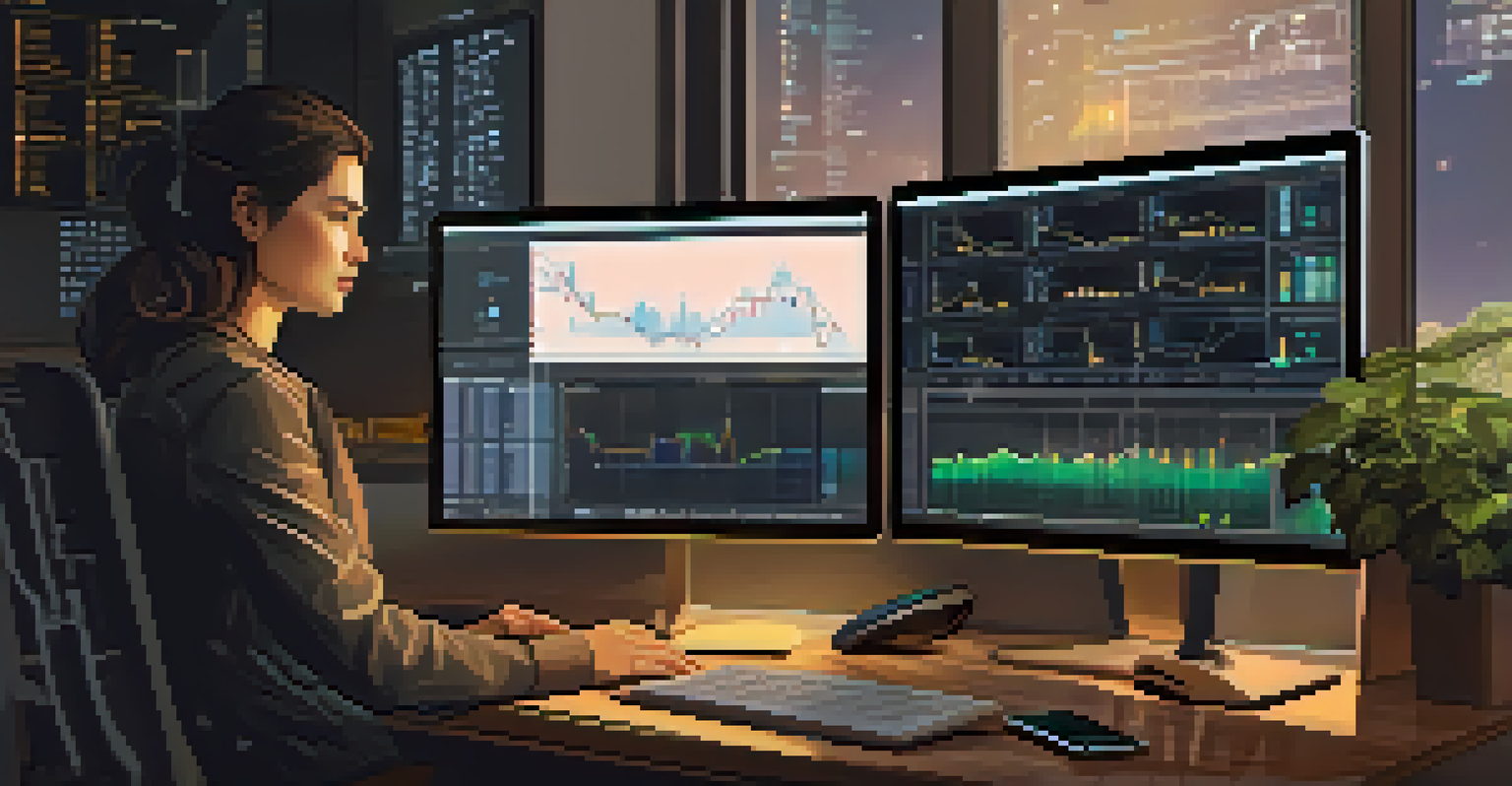 A person focused on cryptocurrency mining software at a warmly lit desk with plants and coffee.