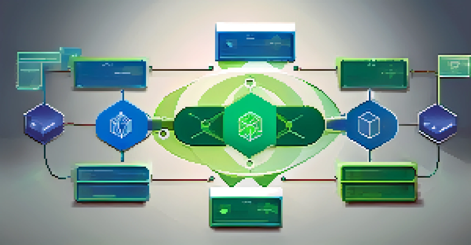 A balancing scale illustrating the blockchain trilemma with symbols for scalability, security, and decentralization against a blue-green gradient background.