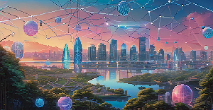 A futuristic city skyline representing a decentralized finance ecosystem, with interconnected blockchain nodes and people engaging in digital transactions at sunset.