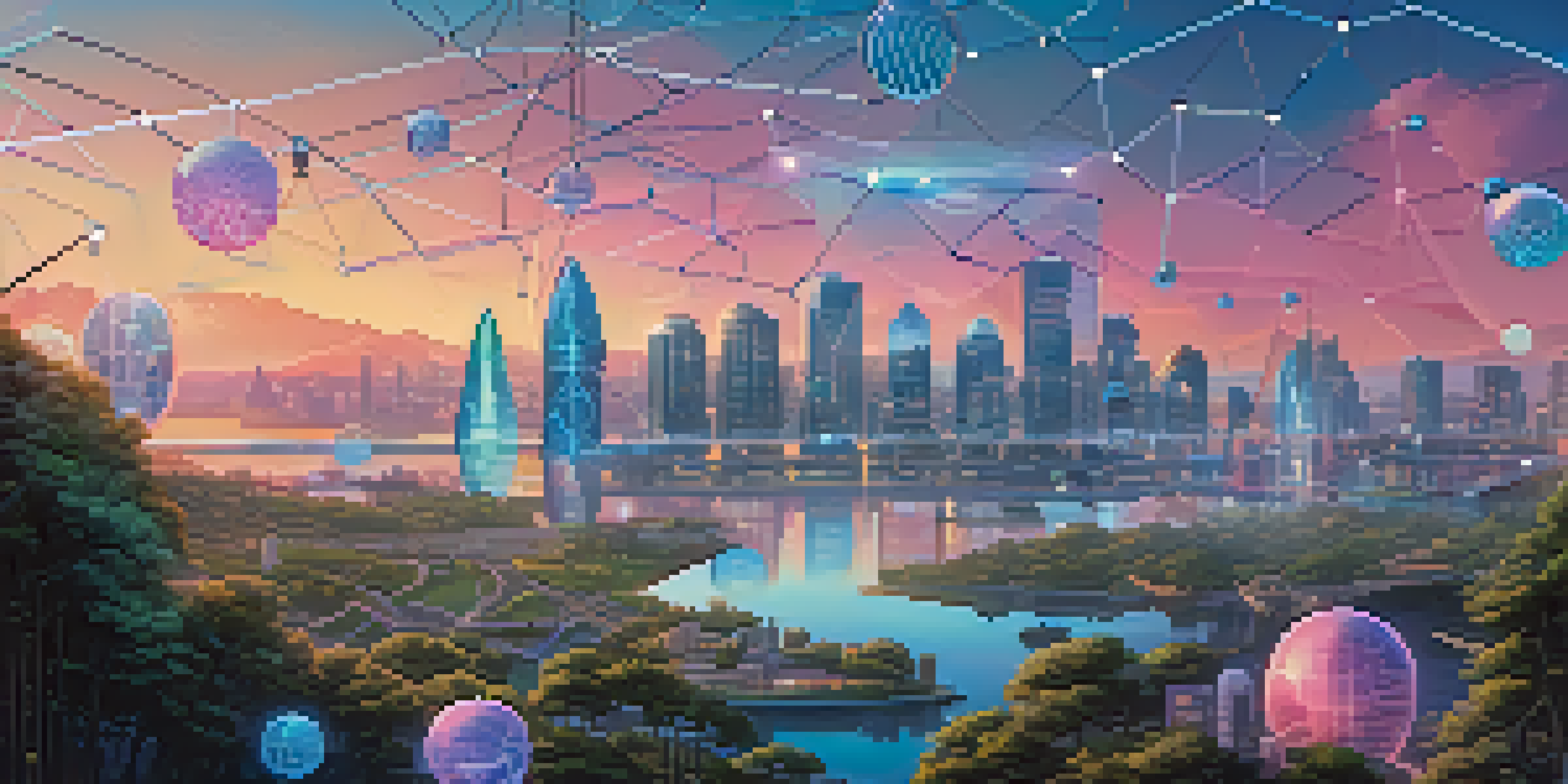 A futuristic city skyline representing a decentralized finance ecosystem, with interconnected blockchain nodes and people engaging in digital transactions at sunset.