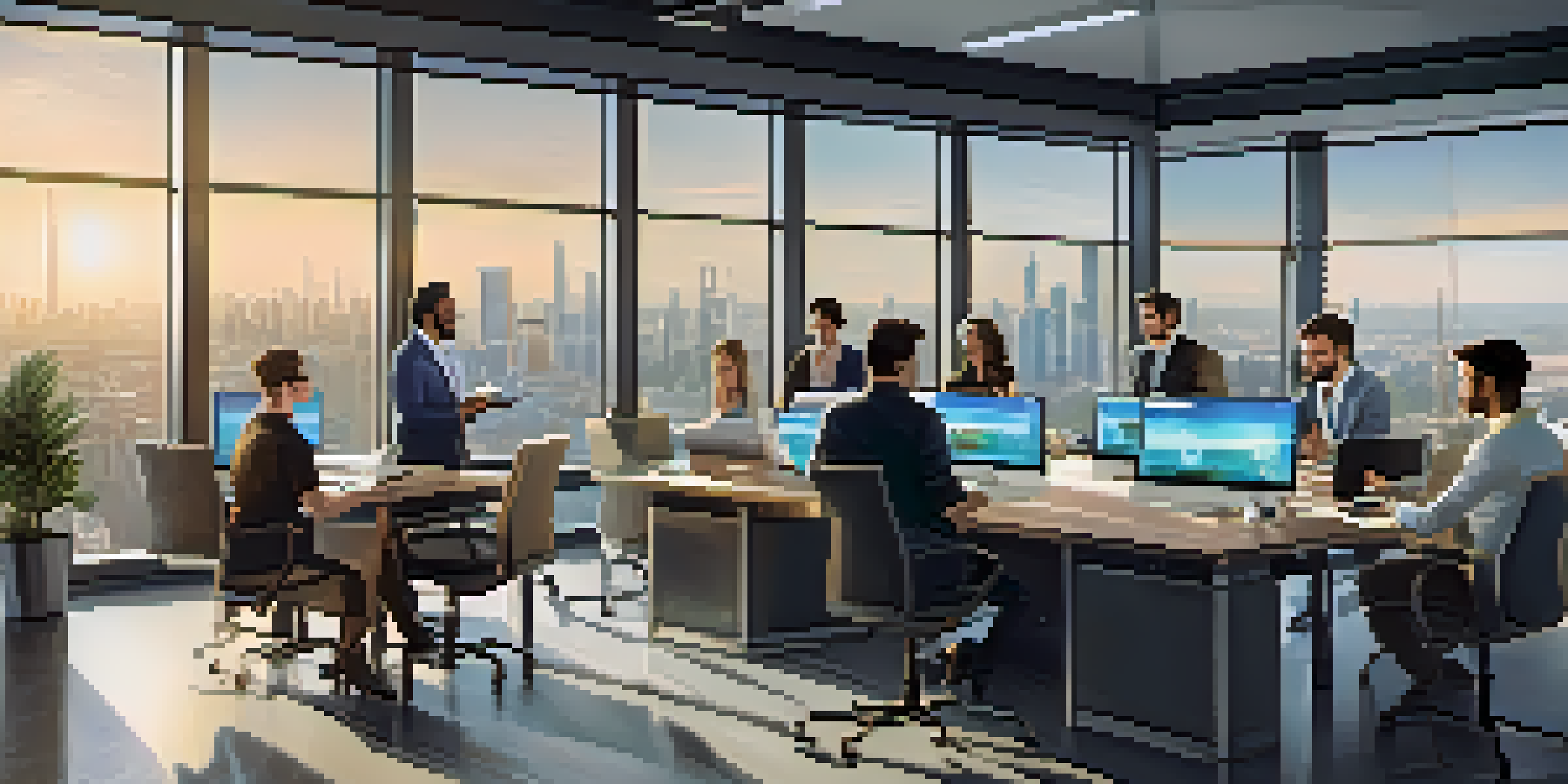 A diverse group of employees discussing cryptocurrency payroll solutions in a bright modern office.