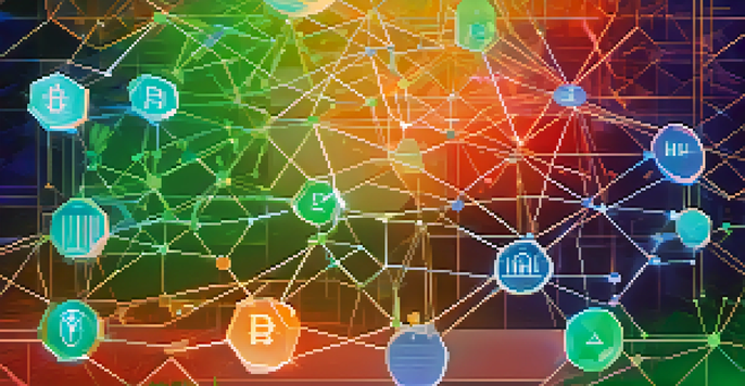 A colorful digital representation of a blockchain network with tokens connected by glowing lines on a blue and green gradient background.