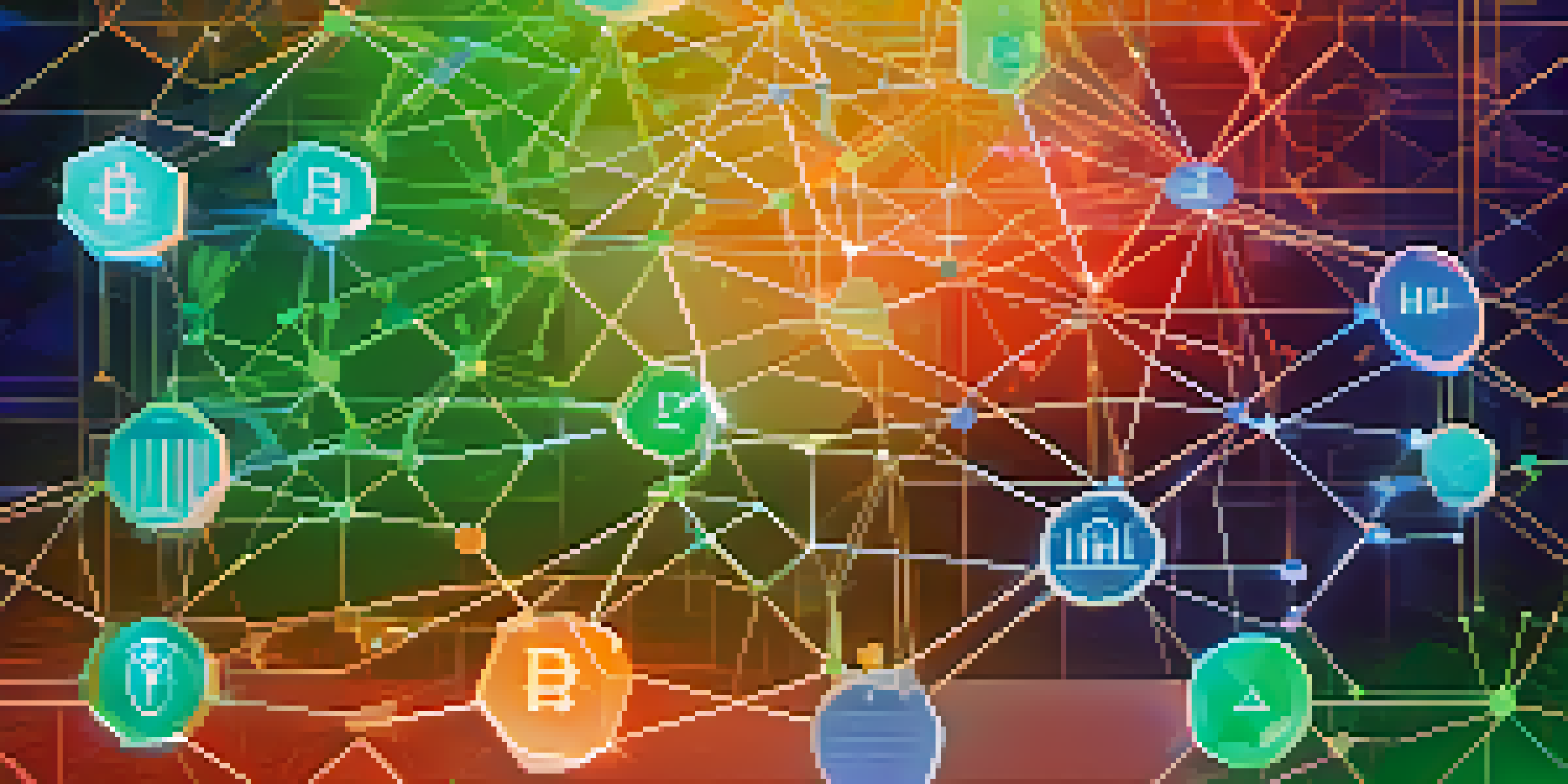 A colorful digital representation of a blockchain network with tokens connected by glowing lines on a blue and green gradient background.