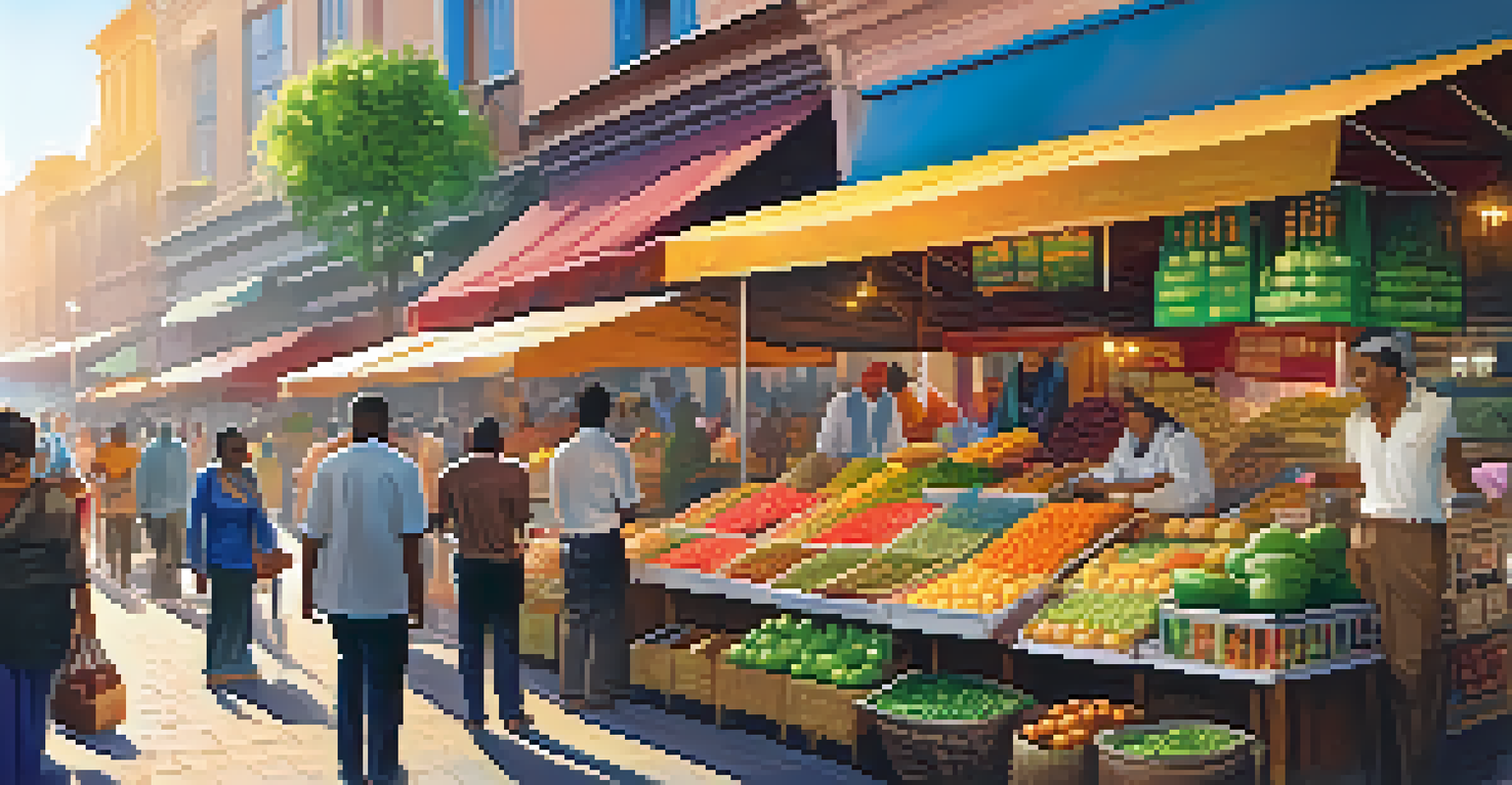 A lively market with small business owners using mobile wallets for digital payments.