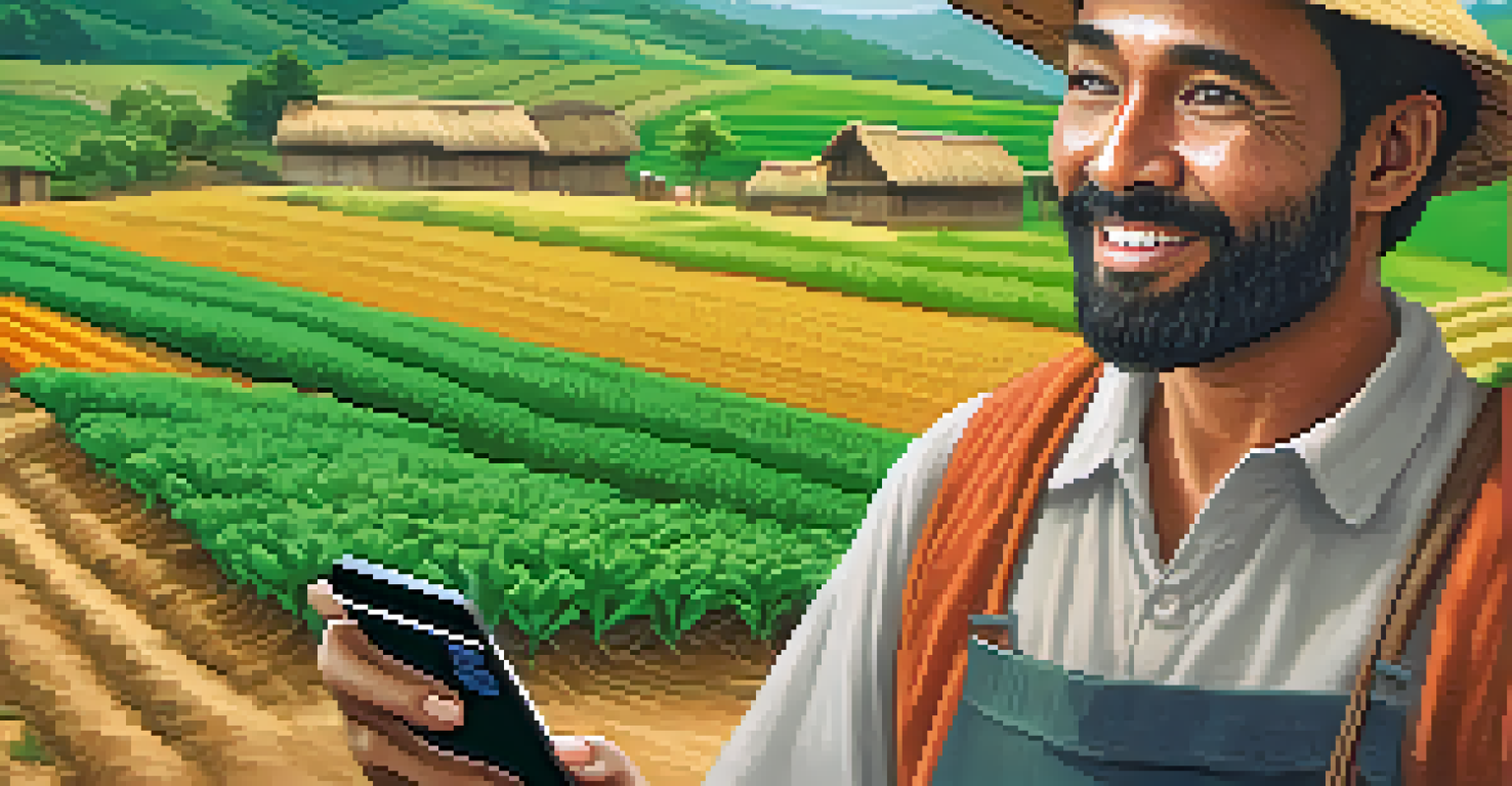 A farmer in a remote village using a smartphone to sell goods online, with crops in the background and a smile on their face.