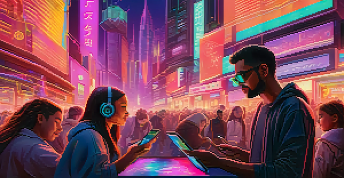 A diverse group of people interacting with cryptocurrency in a futuristic city, illuminated by neon lights.