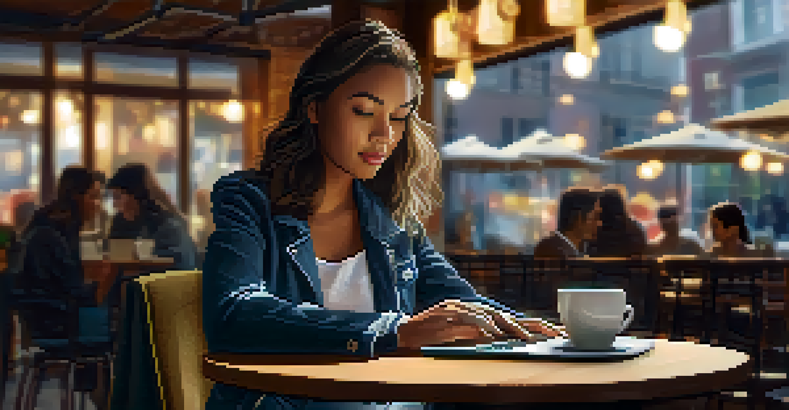 An individual at a cafe using a laptop with a digital identity management interface, surrounded by a warm and inviting atmosphere.