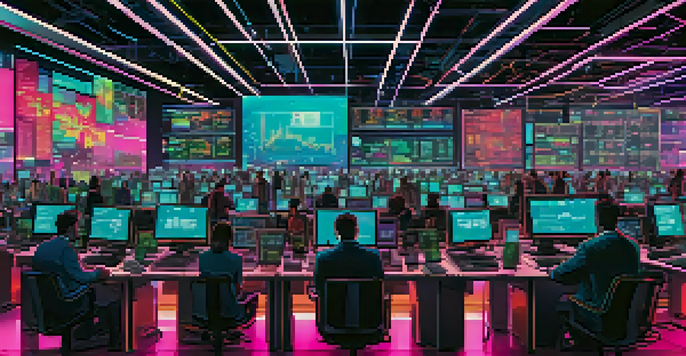 A busy cryptocurrency trading room with traders, screens showing price charts, and colorful lights.
