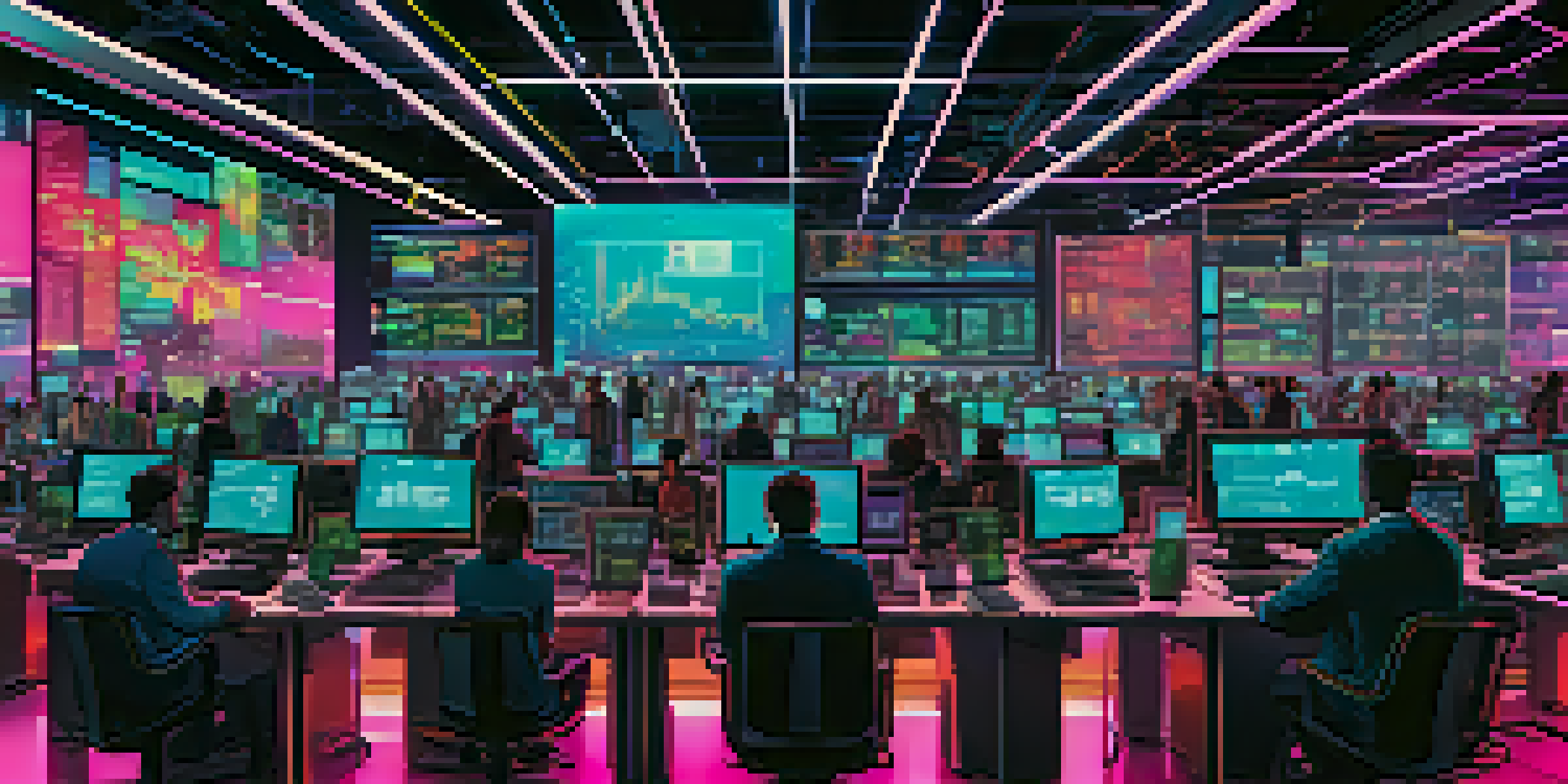A busy cryptocurrency trading room with traders, screens showing price charts, and colorful lights.
