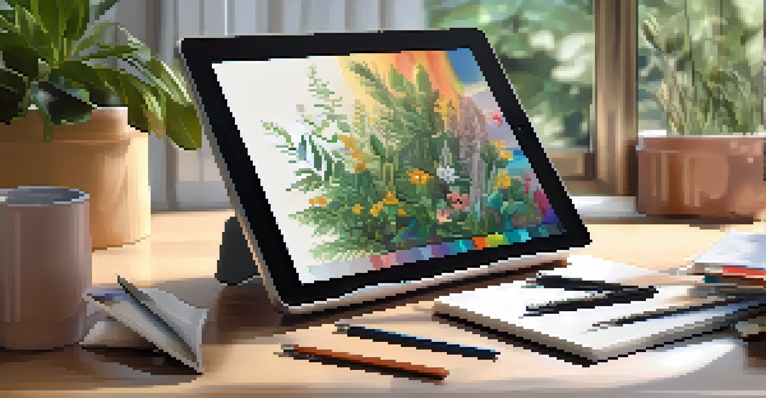 A close-up of a digital tablet showing NFT artwork, surrounded by art tools in a creative workspace.
