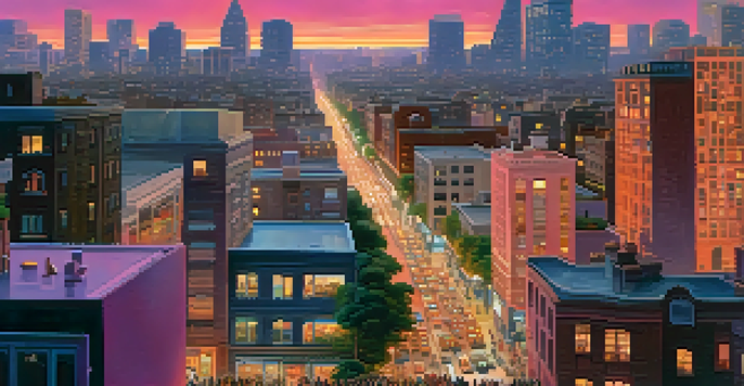 A city skyline at dusk with people using smartphones showing cryptocurrency trading apps.