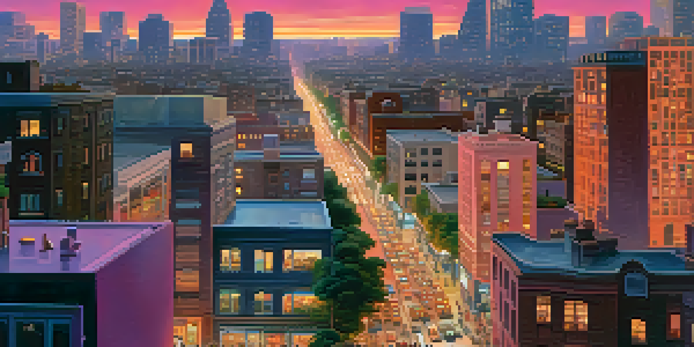 A city skyline at dusk with people using smartphones showing cryptocurrency trading apps.