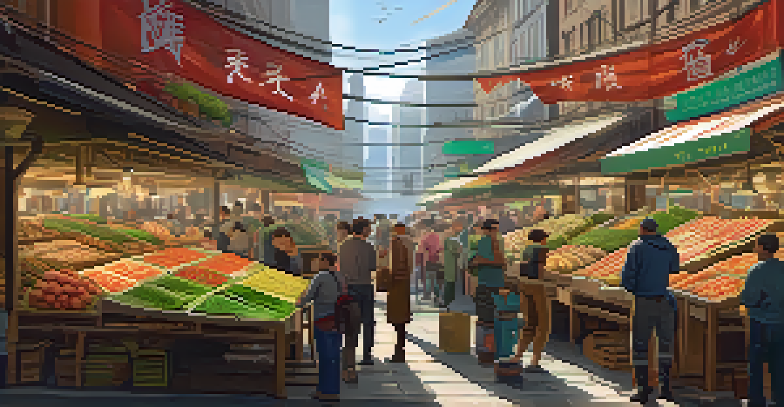 A lively marketplace scene with digital screens and traders discussing yield farming platforms.
