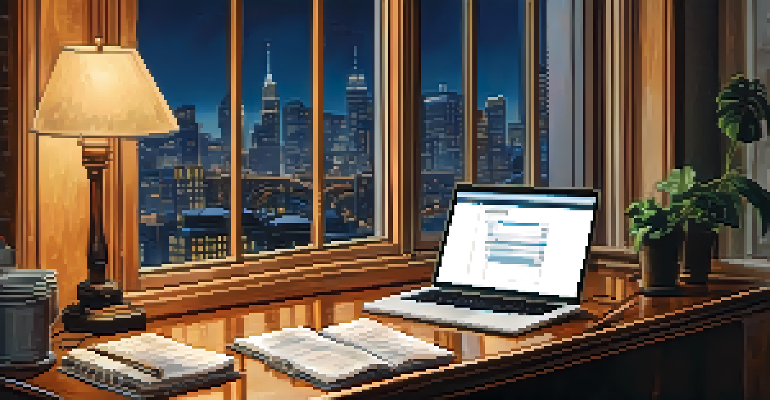 A wooden desk with a laptop showing stock trading, surrounded by financial reports and a cup of coffee, with a city skyline outside.