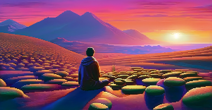 A peaceful landscape with hills made of digital coins under a colorful sunset, featuring a person meditating in the foreground.
