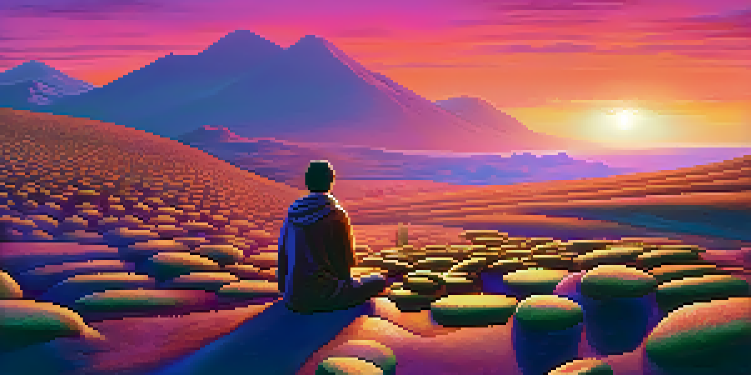 A peaceful landscape with hills made of digital coins under a colorful sunset, featuring a person meditating in the foreground.