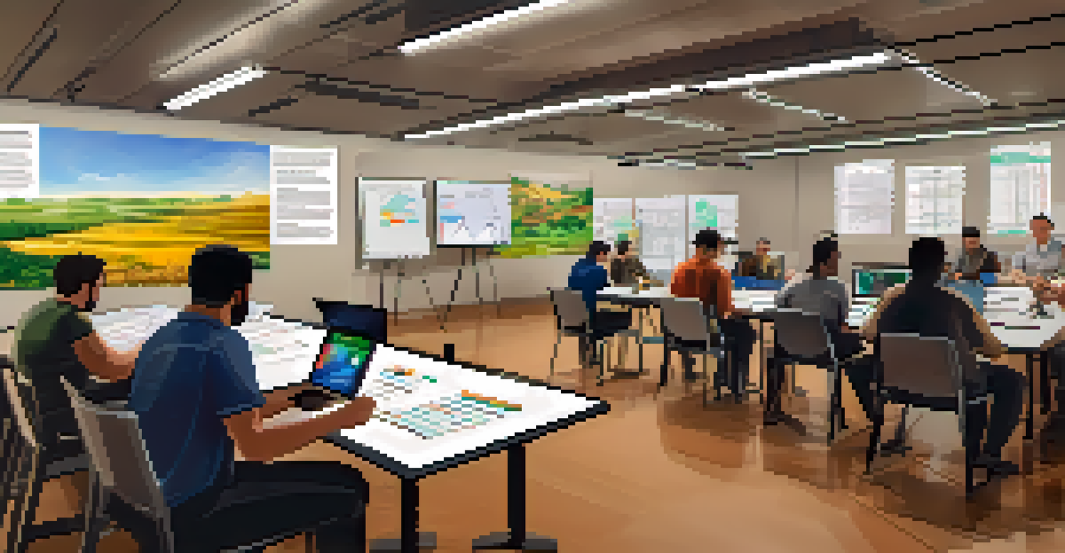 A community workshop with crypto miners learning about eco-friendly mining practices, surrounded by charts and a collaborative atmosphere.