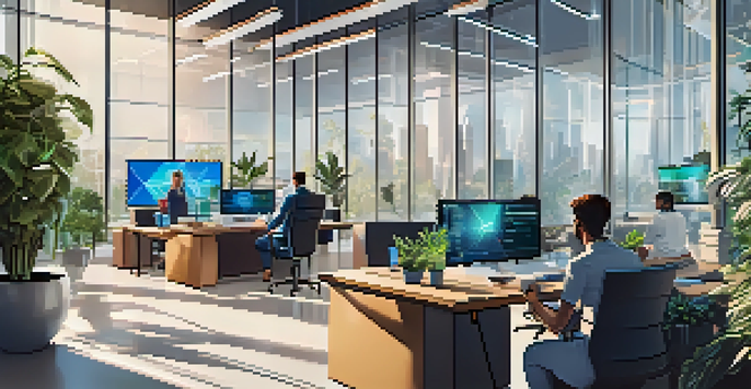 A diverse group of professionals working together in a modern office, analyzing digital screens with smart contract codes and blockchain images.