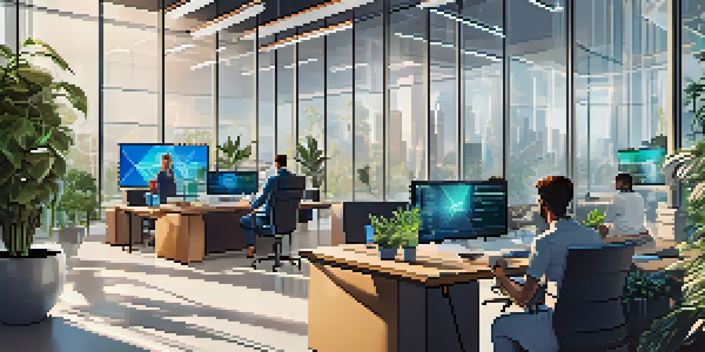 A diverse group of professionals working together in a modern office, analyzing digital screens with smart contract codes and blockchain images.