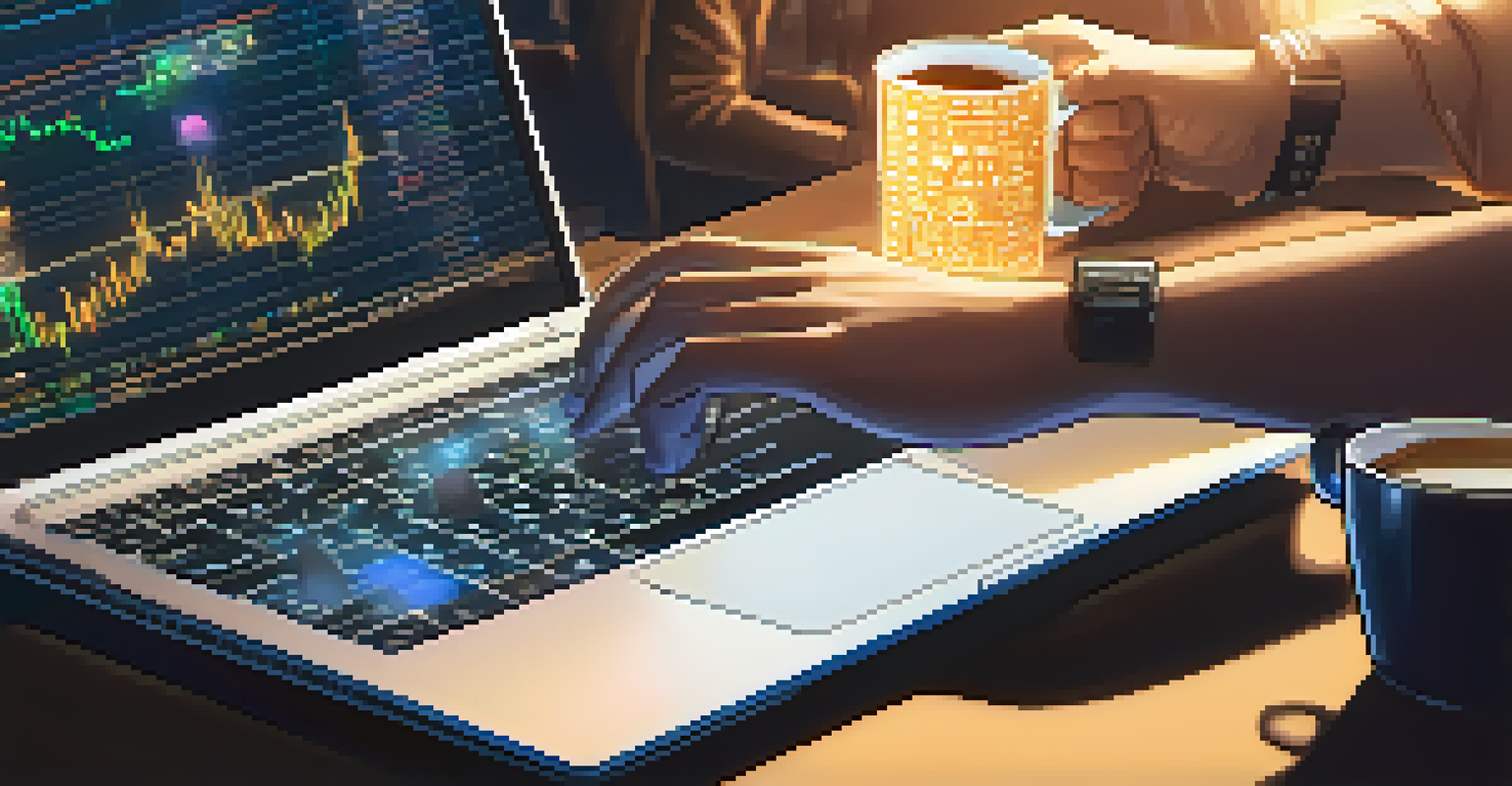 Hands typing on a laptop with cryptocurrency symbols and a coffee cup on the desk.