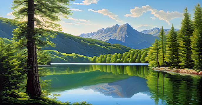 A tranquil lake reflecting green mountains and a blue sky, with sunlight filtering through trees.