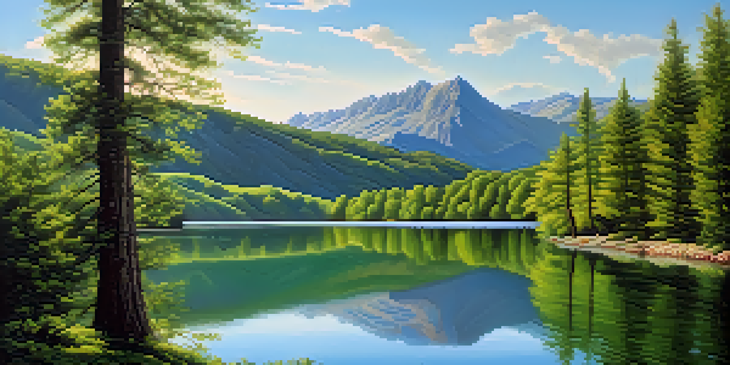 A tranquil lake reflecting green mountains and a blue sky, with sunlight filtering through trees.