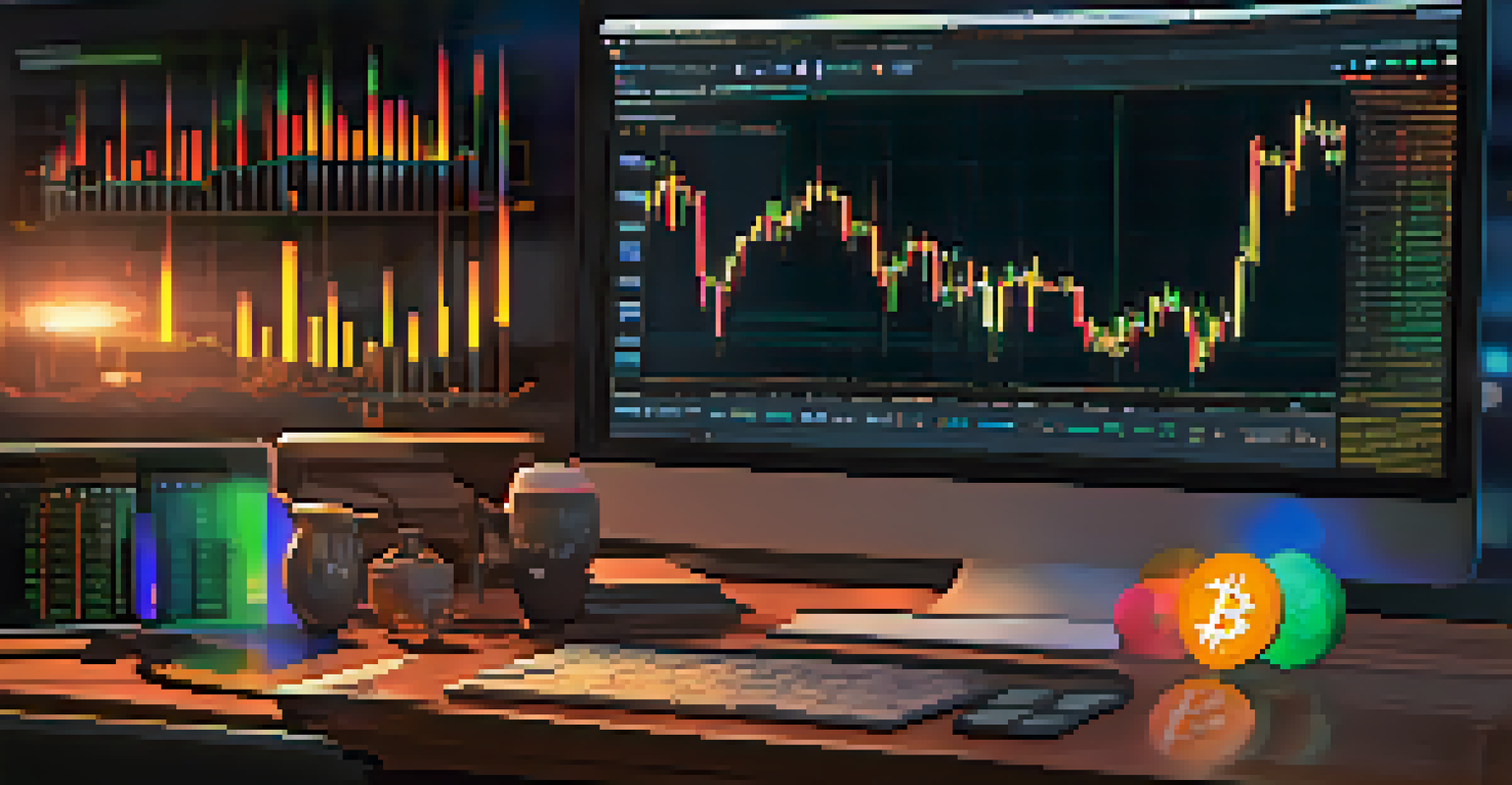 A close-up of a computer screen displaying a cryptocurrency trading platform with indicators like RSI and MACD.