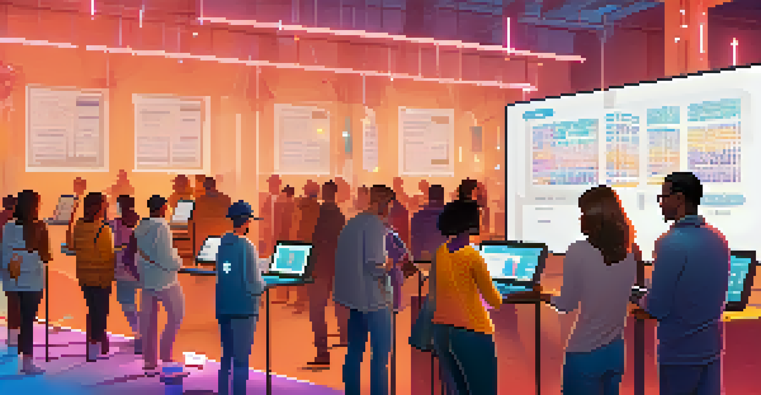 A group of diverse people casting votes on tablets against a blockchain background in a DAO setting.