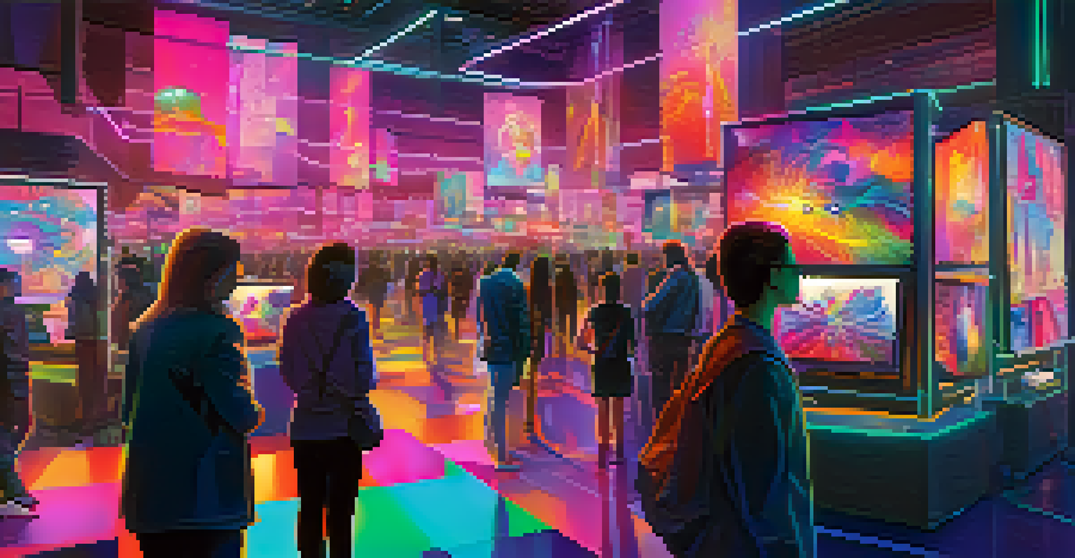 A futuristic marketplace filled with diverse people interacting and viewing digital art on holographic displays, emphasizing blockchain technology in art transactions.