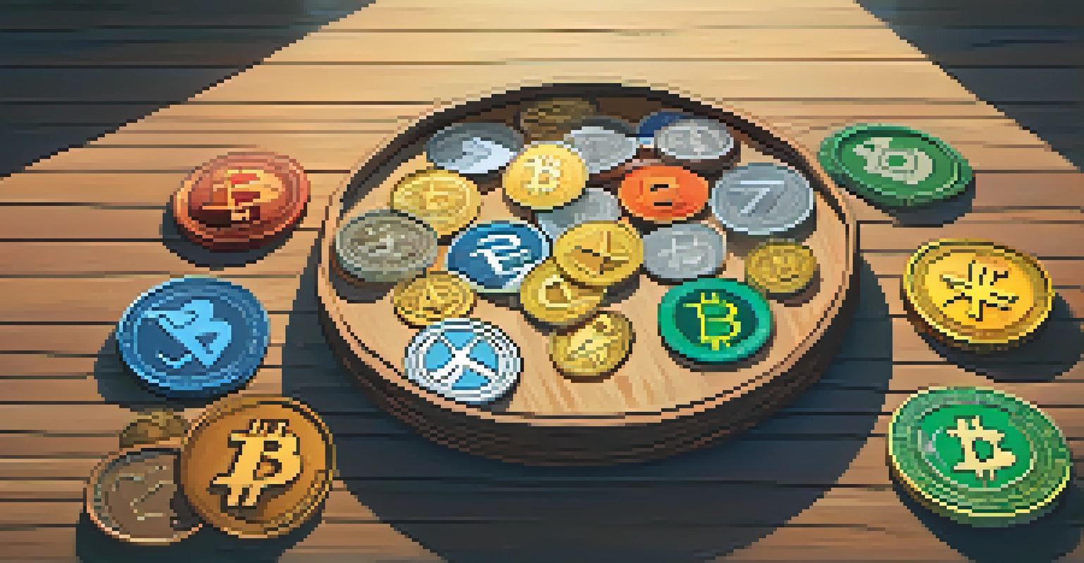 Colorful cryptocurrency coins arranged in a circle on a wooden table, illuminated by soft sunlight.