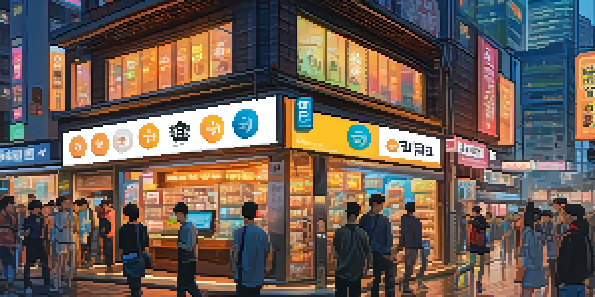 A busy street in South Korea featuring a cryptocurrency exchange with neon signs, highlighting cryptocurrency prices and a mix of modern architecture and traditional elements.