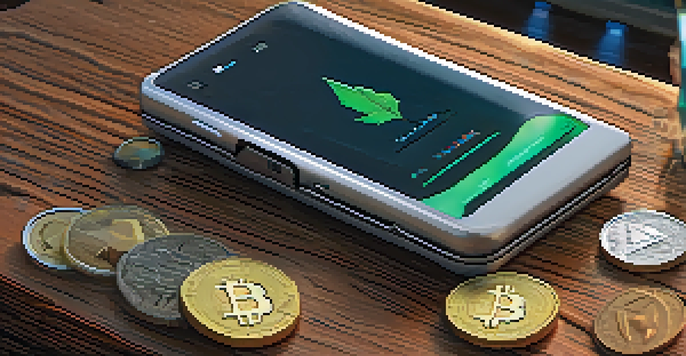 A close-up of a hardware wallet placed on a table with different cryptocurrencies around it, illuminated by soft light.