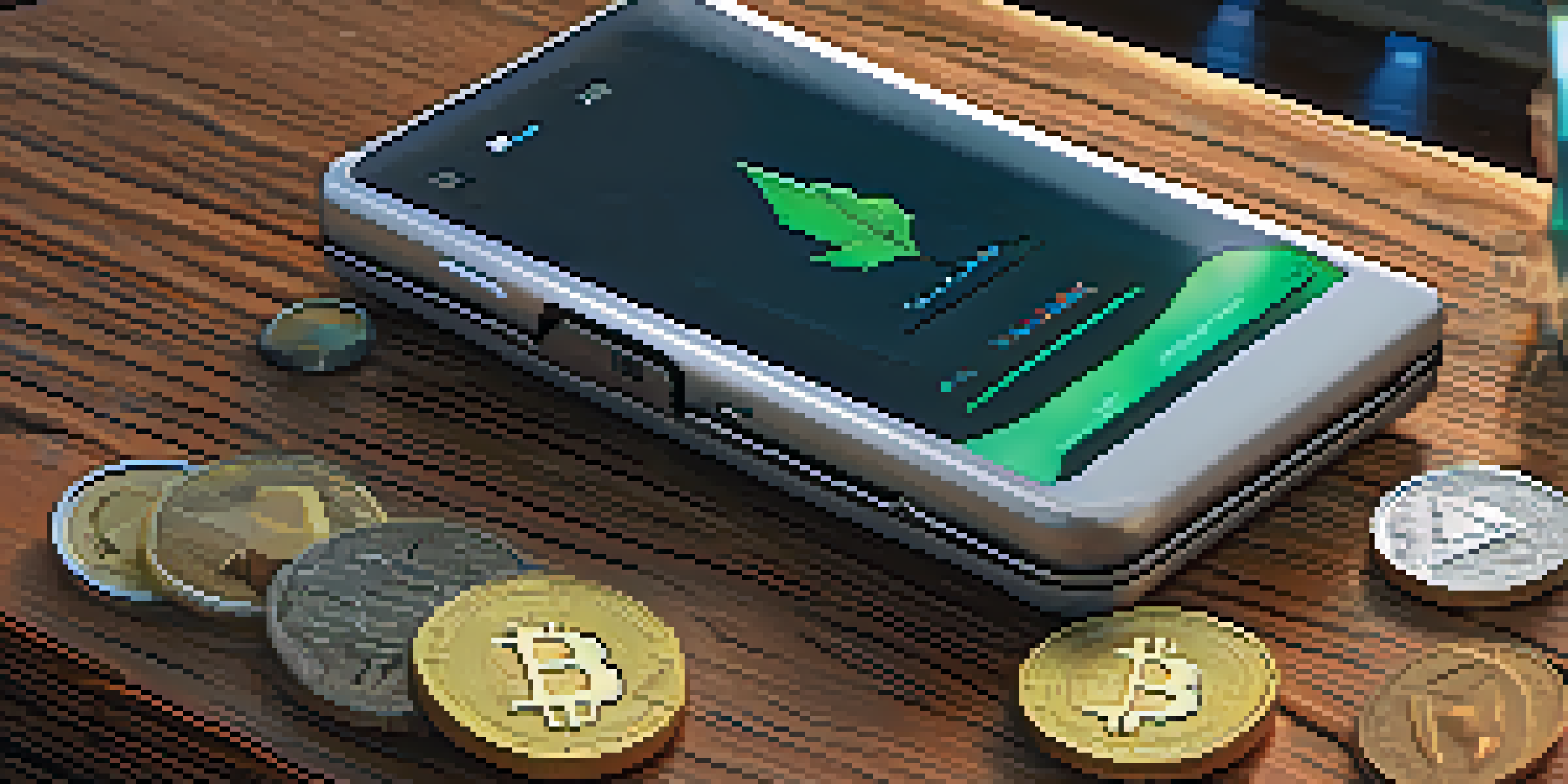 A close-up of a hardware wallet placed on a table with different cryptocurrencies around it, illuminated by soft light.