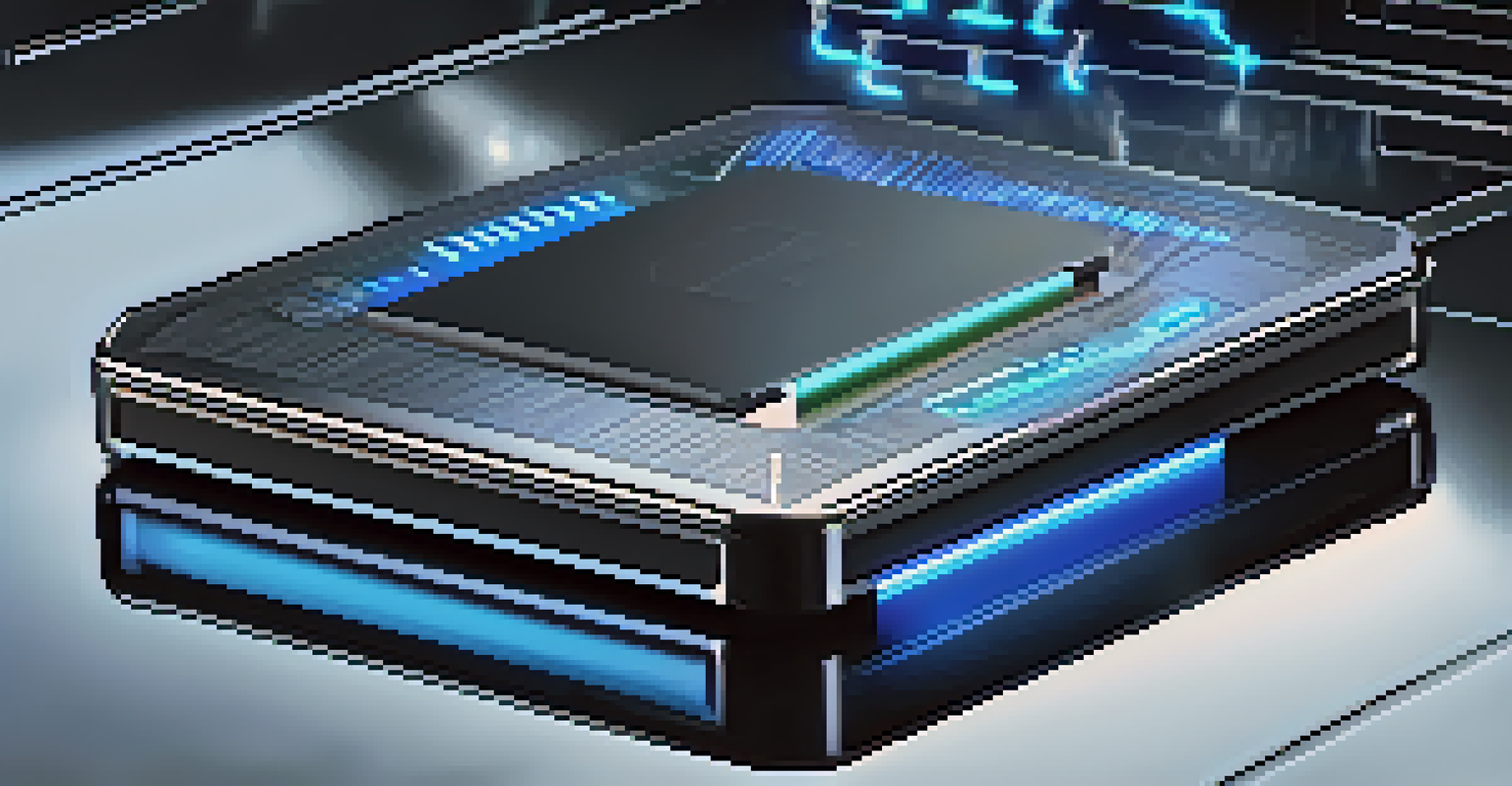 A futuristic hardware wallet with biometric security features, surrounded by glowing digital elements on a reflective surface.