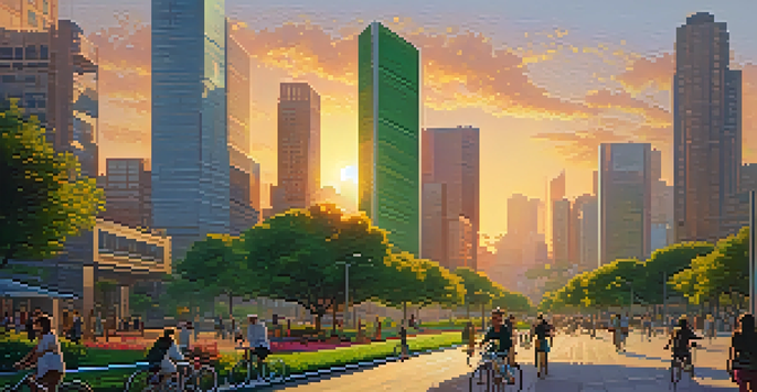 A city skyline with skyscrapers, solar panels, and green parks at sunset.