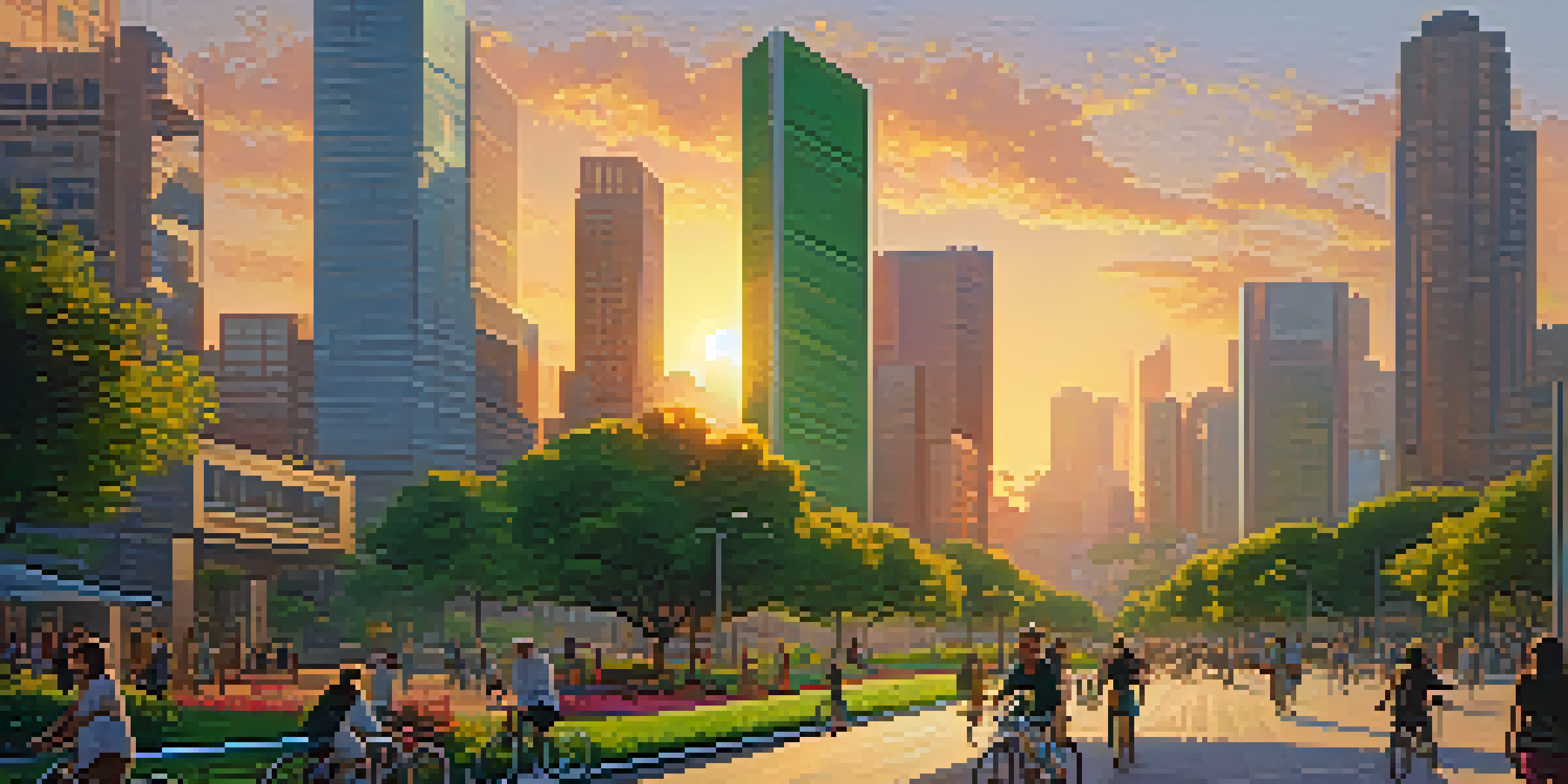 A city skyline with skyscrapers, solar panels, and green parks at sunset.