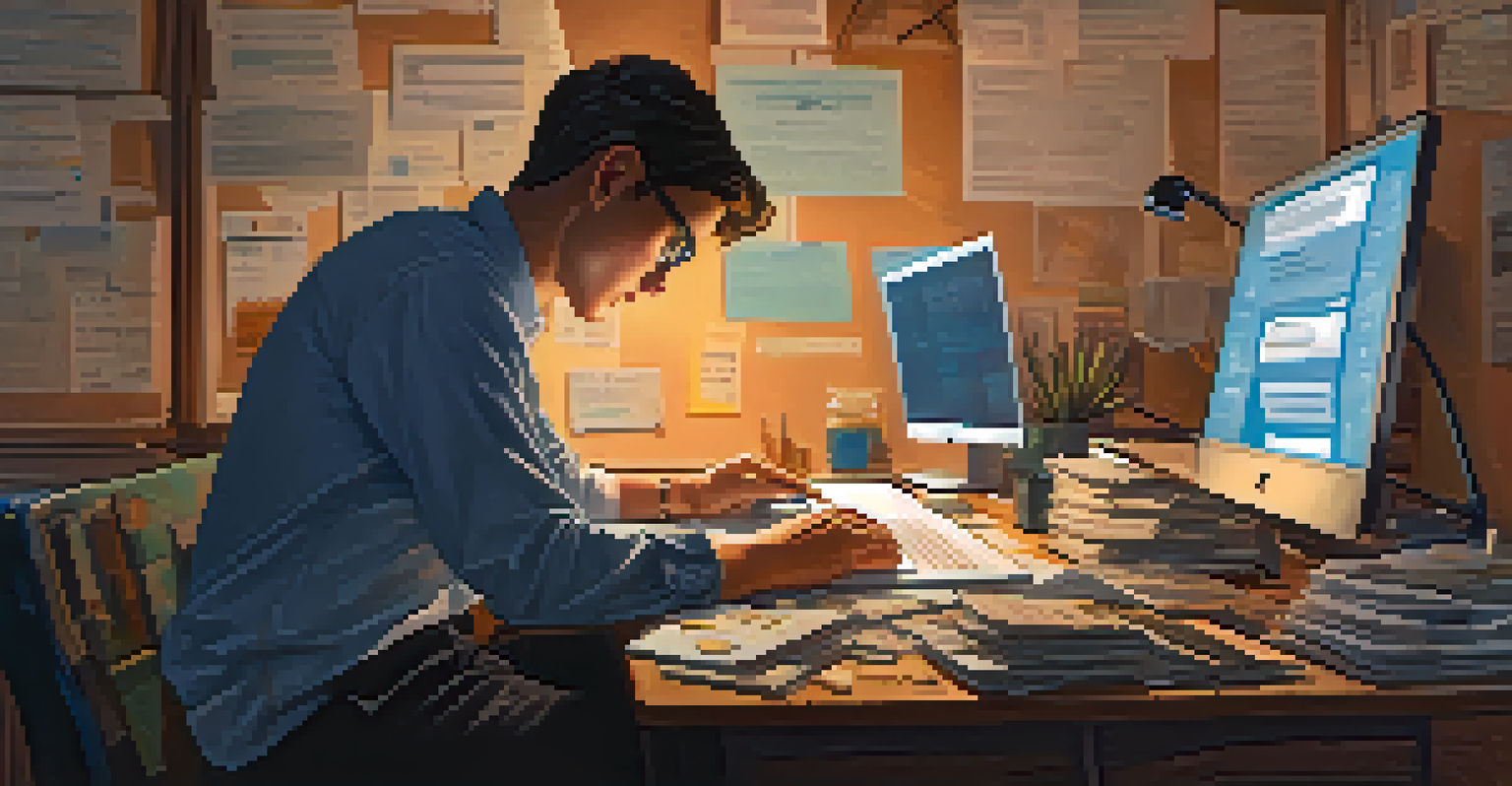 A person at a desk looking worried while examining a suspicious email on their laptop, surrounded by cryptocurrency materials.