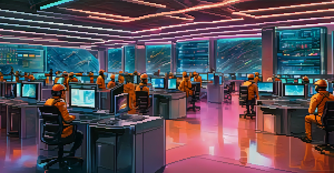 A diverse group of people collaborating in a high-tech cryptocurrency mining facility, with computers and screens displaying data.