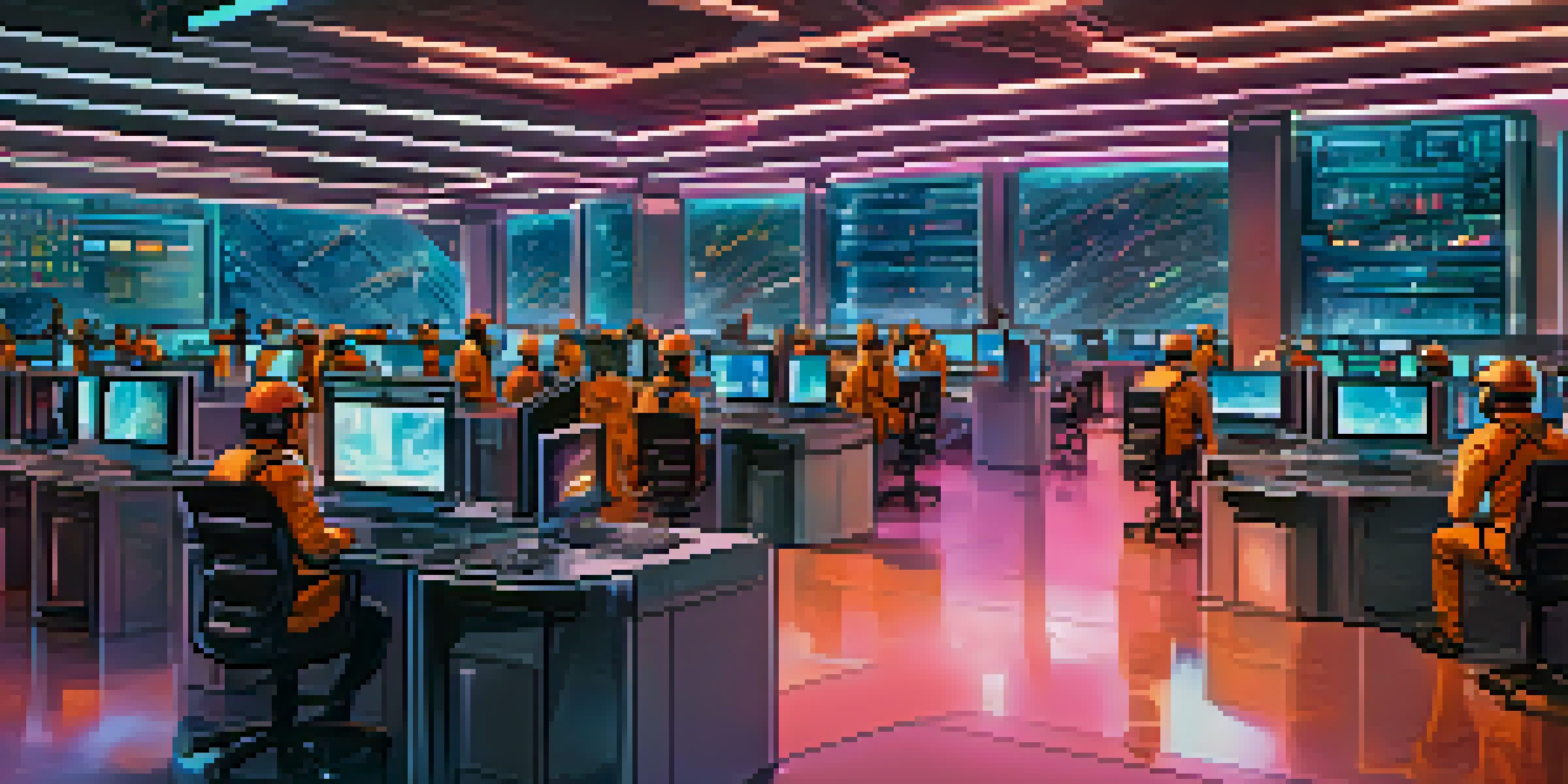 A diverse group of people collaborating in a high-tech cryptocurrency mining facility, with computers and screens displaying data.
