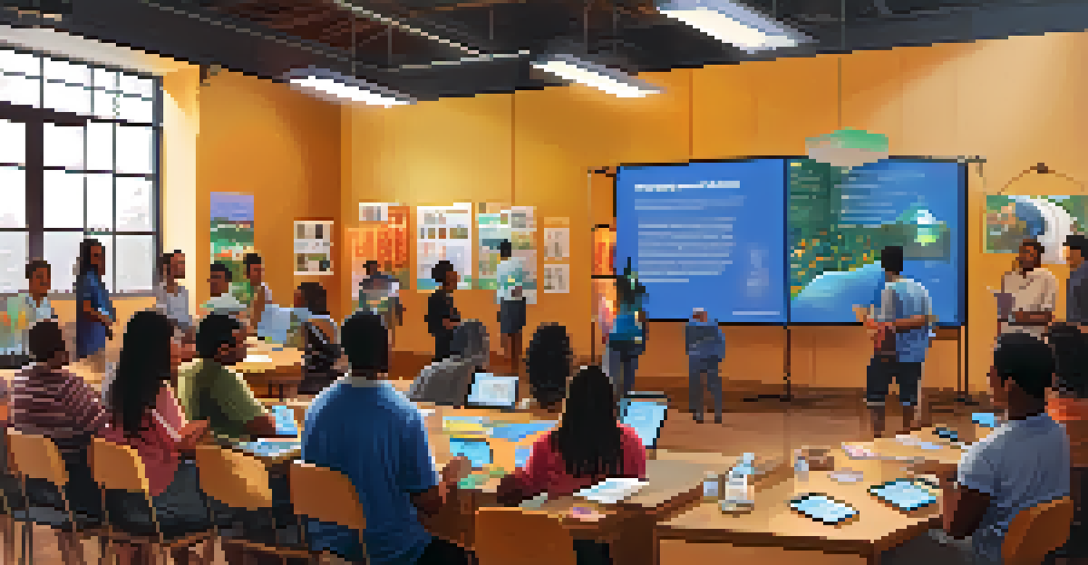 A community workshop with individuals learning about cryptocurrency, featuring educational materials and an engaged audience.