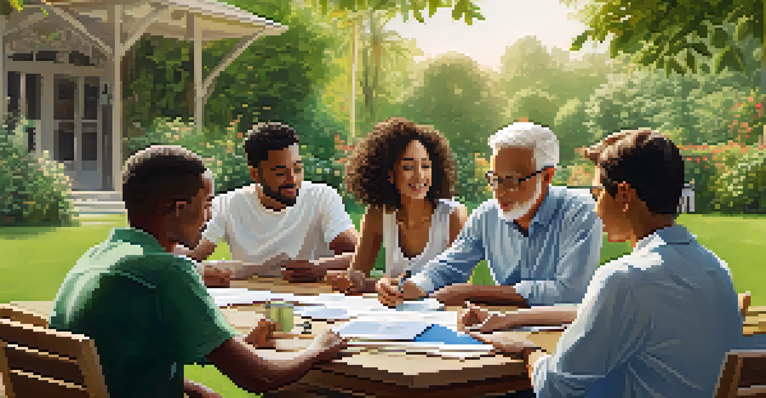 A group of diverse people discussing real estate investments in a garden.