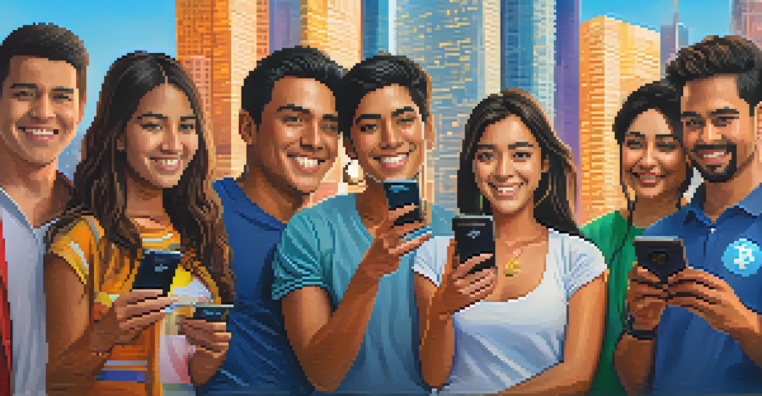 A diverse group of people in Latin America holding smartphones with cryptocurrency apps, set against a city skyline.