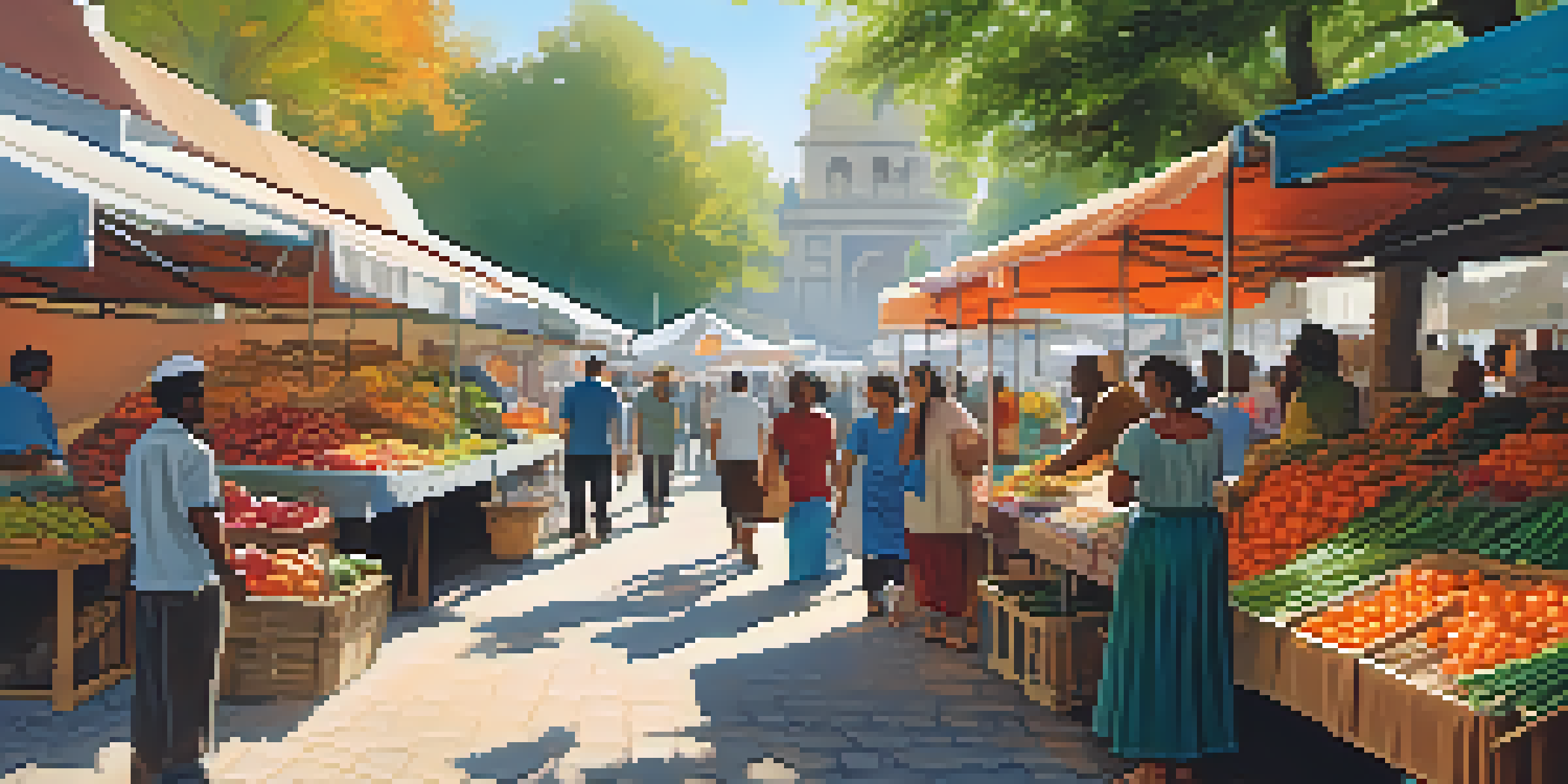 A lively outdoor market filled with colorful stalls and diverse people engaging in trade under the sunlight.
